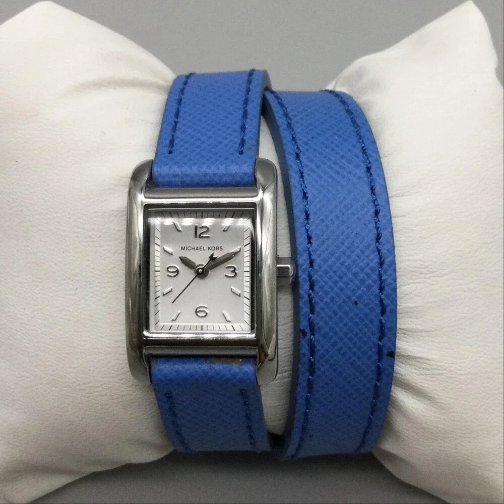Michael Kors MK-2339 Womens Watch 20mm Silver Dial Blue Wrap Band New Battery